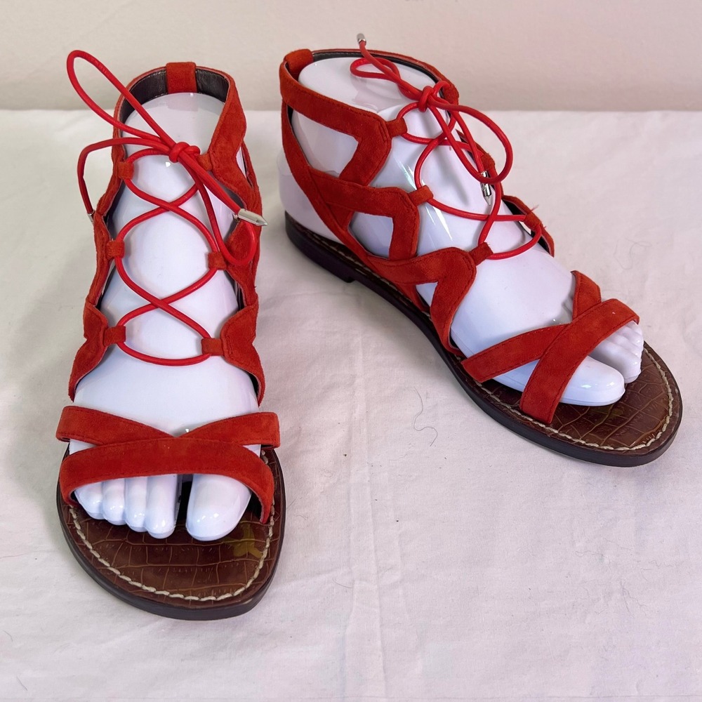 Sam Edelman Gemma Gladiator Sandals 6.5M Red Suede Lace Up Strappy Flat Boho